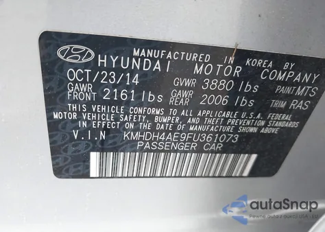 2015 Hyundai Elantra Se from USA, damaged, VIN KMHDH4AE9FU361073